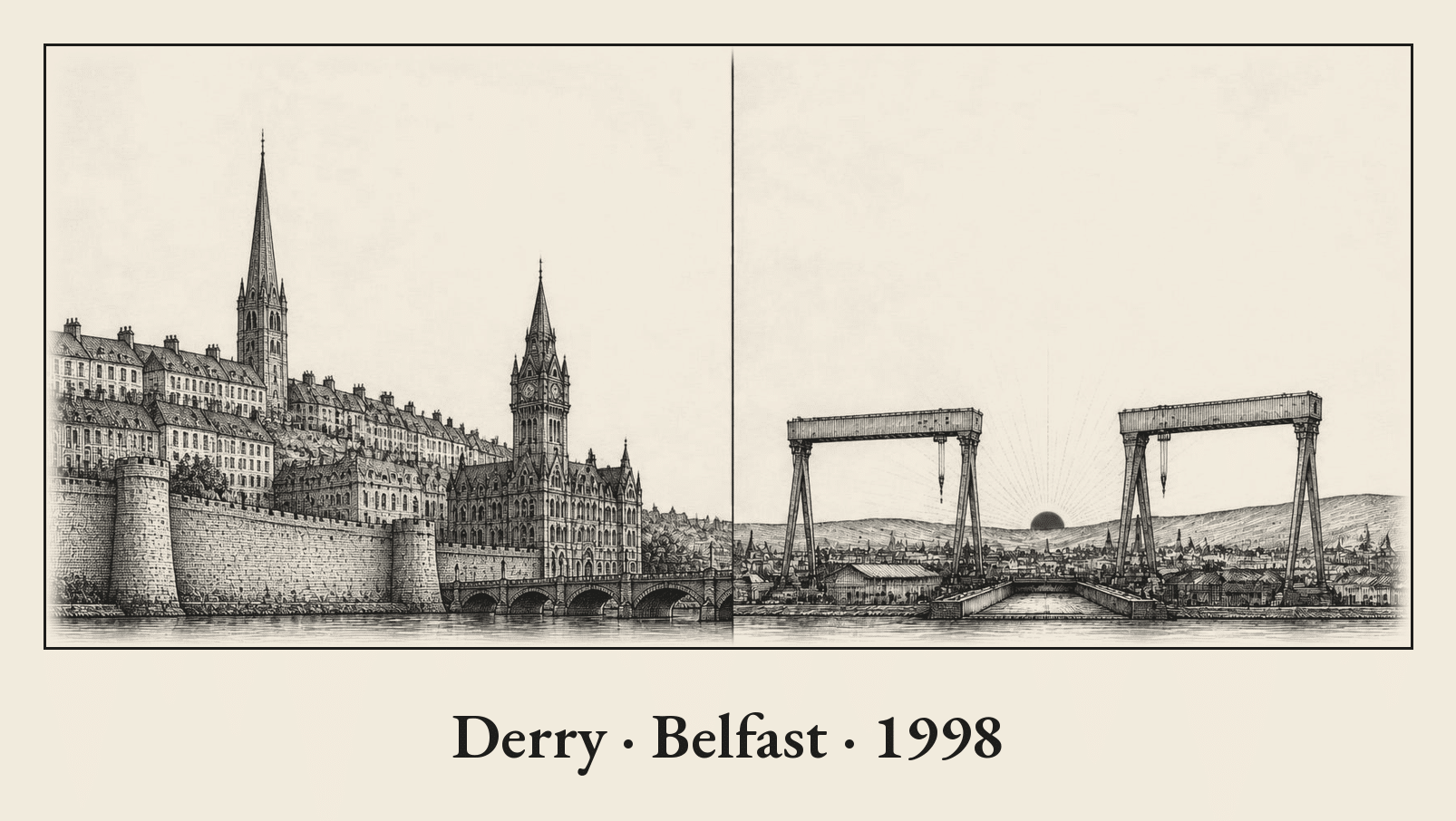 Pen-and-ink diptych at dawn: Derry's old city walls above the river on the left, two shipyard gantry cranes in Belfast against a small red rising sun on the right