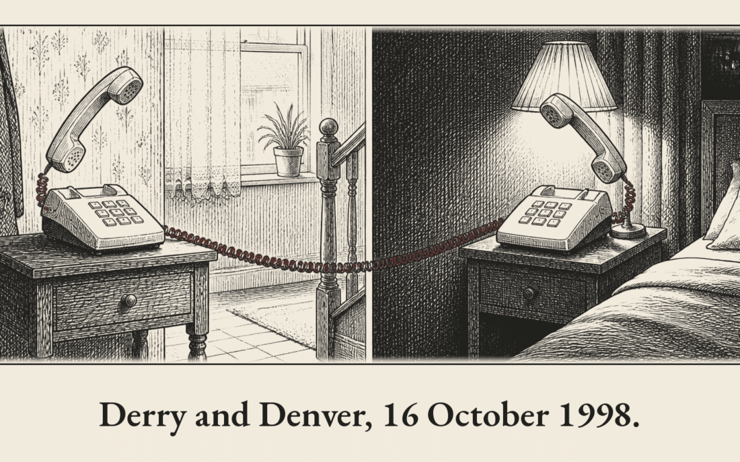 Pen-and-ink illustration in two halves: a telephone on a hall table in a Derry home by morning light, and a matching telephone on a bedside table in a dark Denver hotel room lit by a lamp, joined by one red cord across the dividing line