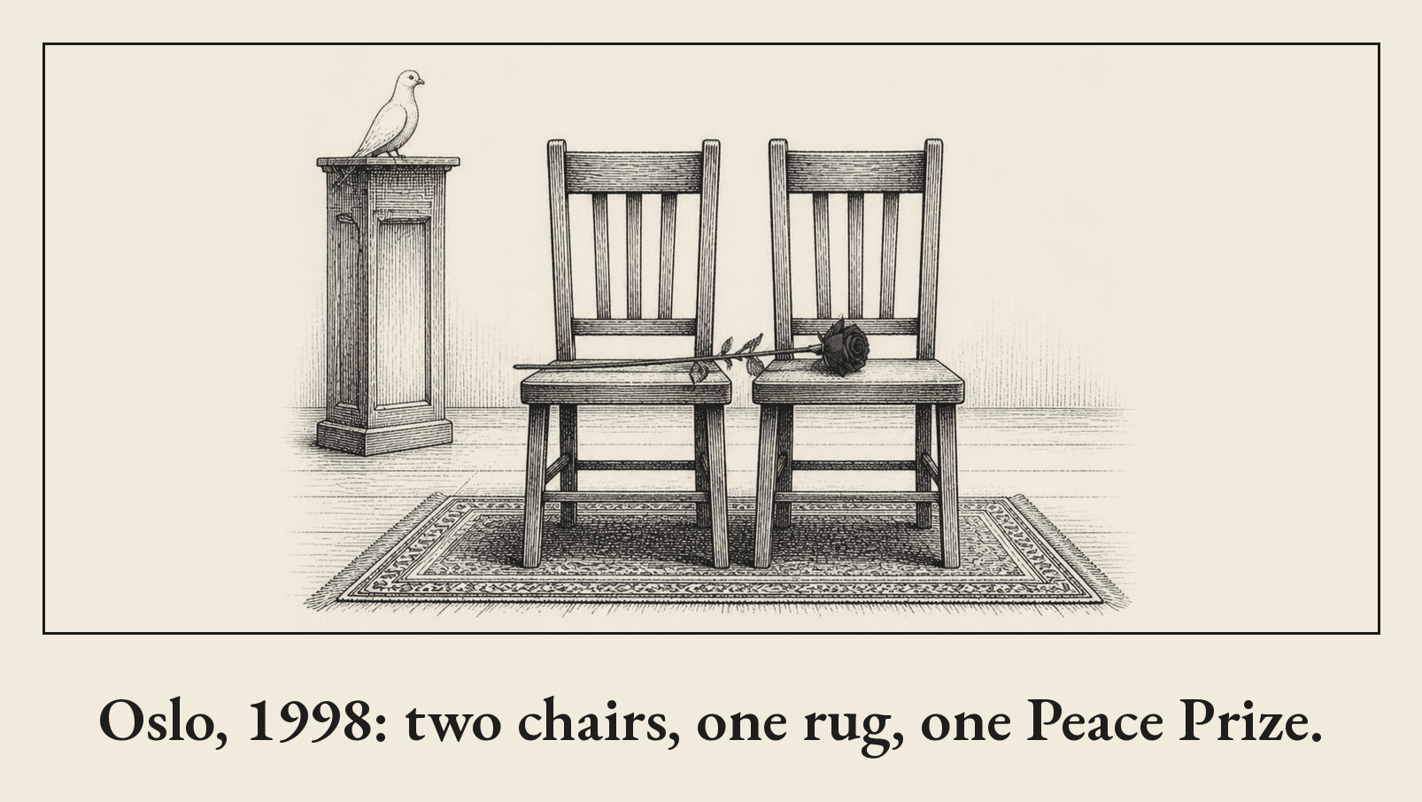 Pen-and-ink illustration of two identical empty wooden chairs side by side on one patterned rug, a single red rose across both seats and a white dove on a plain lectern beside them