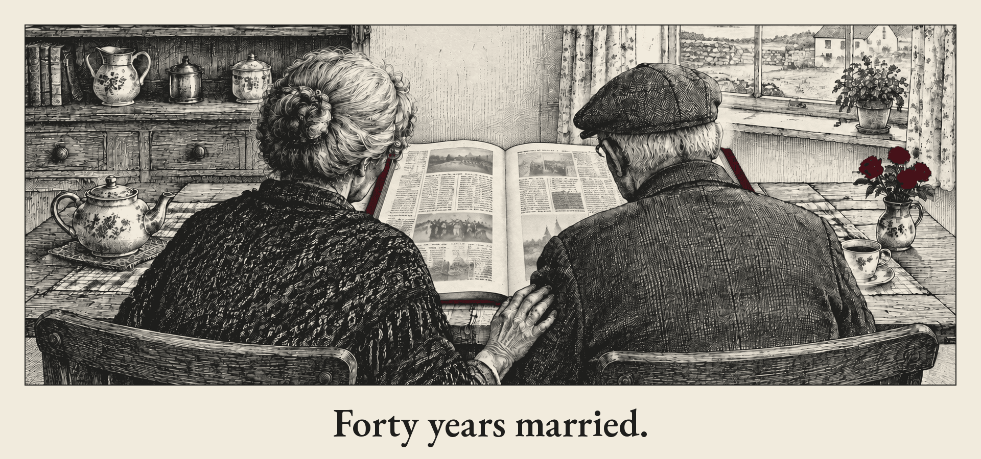 Pen-and-ink drawing of an older couple seen from behind at a farmhouse kitchen table, her hand on his shoulder, looking at a large hand-bound newspaper book lying open between them, with a dresser of plates, a teapot and a small vase of red roses by the window.