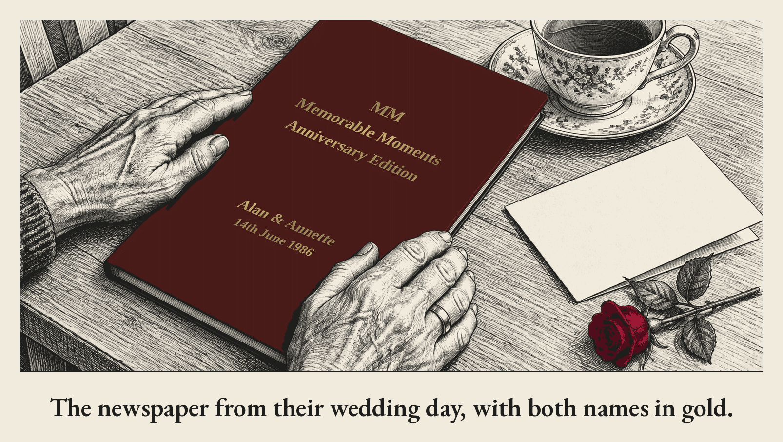 Pen-and-ink drawing of two older hands, one wearing a wedding ring, resting on a large, slim burgundy hand-bound book lettered in gold "MM, Memorable Moments, Anniversary Edition", with "Alan & Annette, 14th June 1986" near the foot, on a wooden table beside a cup of tea, a blank card and a single red rose.