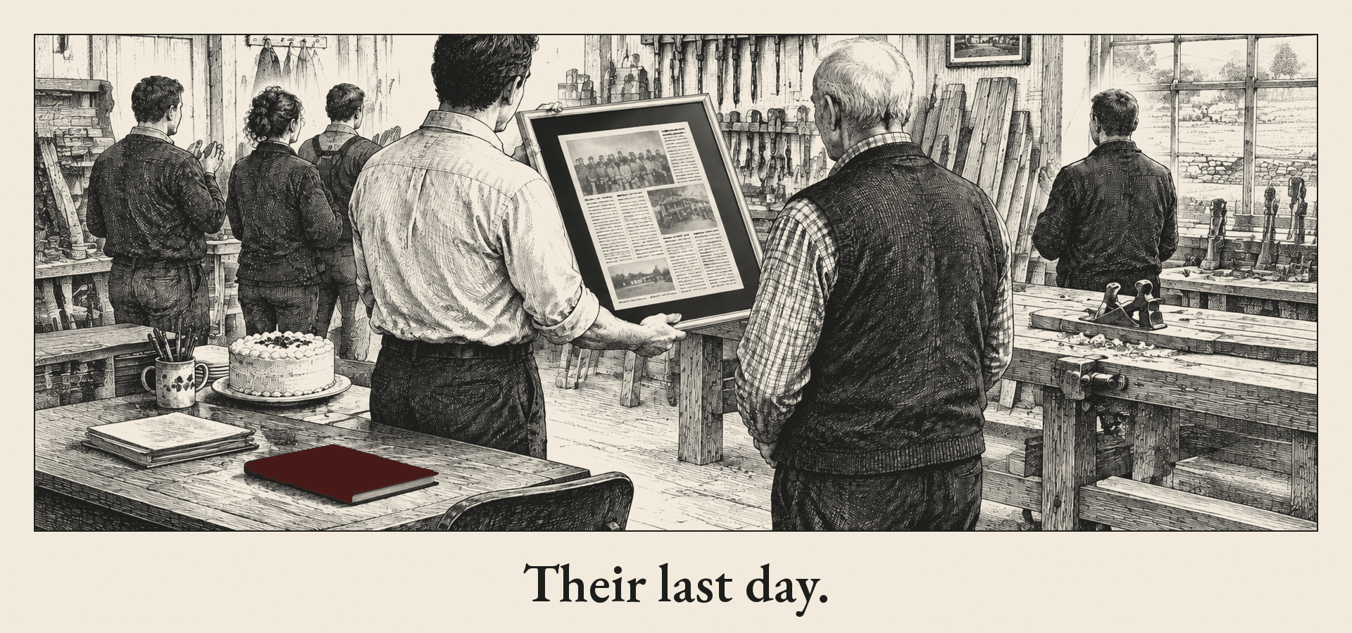 Pen-and-ink drawing of a retirement farewell in a joinery workshop: a colleague, seen from behind, hands a framed newspaper front page to an older man in a waistcoat, while others gather by the workbenches, with a cake and a slim burgundy hand-bound book on the desk in front.