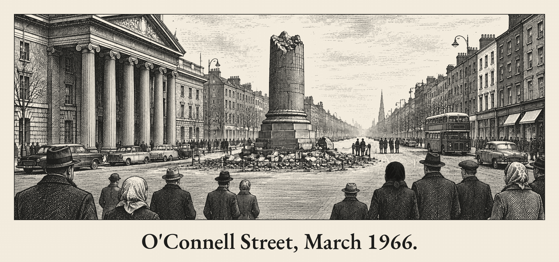Pen-and-ink drawing of O'Connell Street, Dublin, in March 1966, with onlookers in overcoats and headscarves looking past a low rope barrier at the broken stump of Nelson's Pillar, and the GPO portico on the left.
