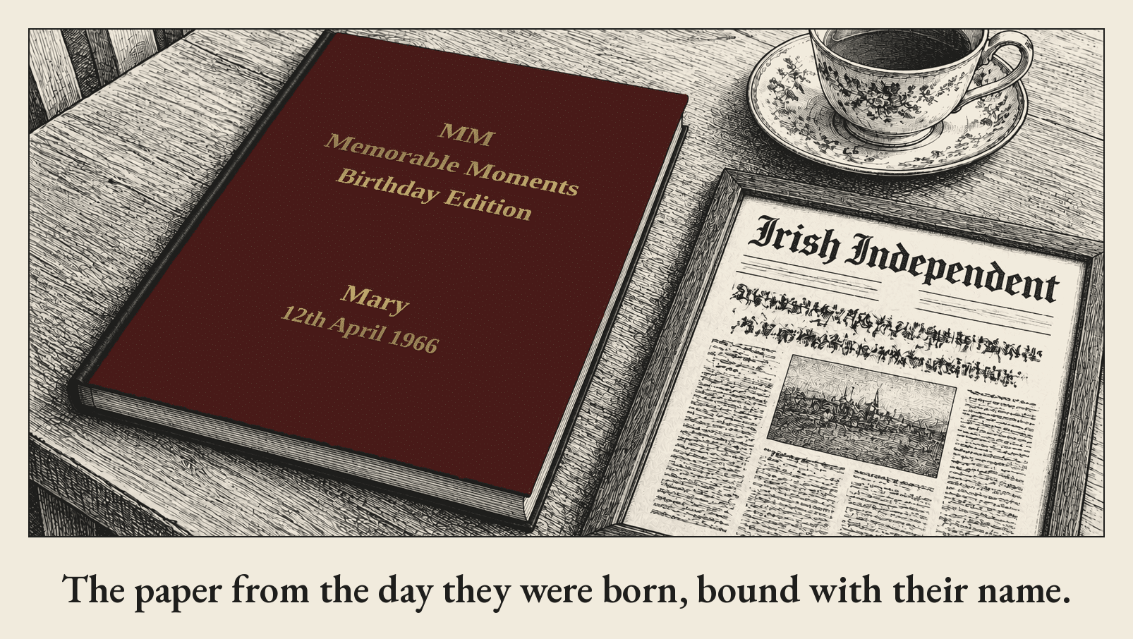 Pen-and-ink drawing of a slim burgundy Memorable Moments Birthday Edition book lettered "Mary, 12th April 1966", lying on a table beside a framed Irish Independent front page and a cup of tea.