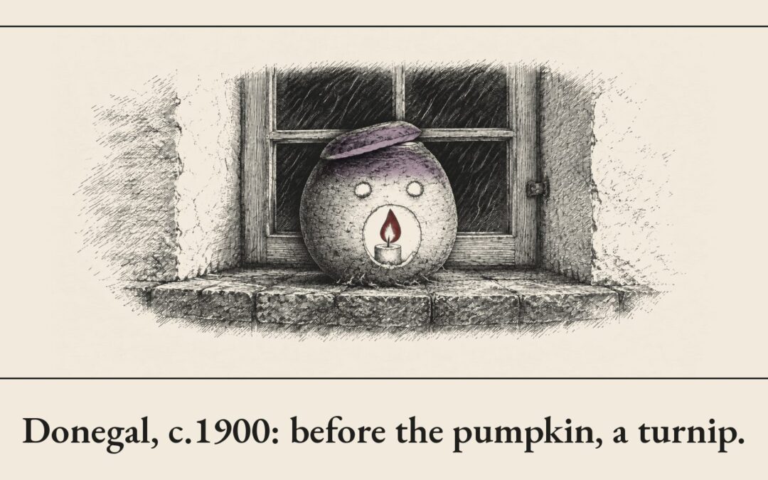 Pen-and-ink drawing of a hollowed-out turnip lantern on the deep stone sill of a cottage window at night, rain streaking the dark panes behind it. Its face is crudely cut: two round eye holes and a round mouth, with the sliced-off lid set crookedly on top. The top of the swede and its lid are washed a soft purple, as a swede's crown is. Through the mouth, a candle stub burns with a small red flame.