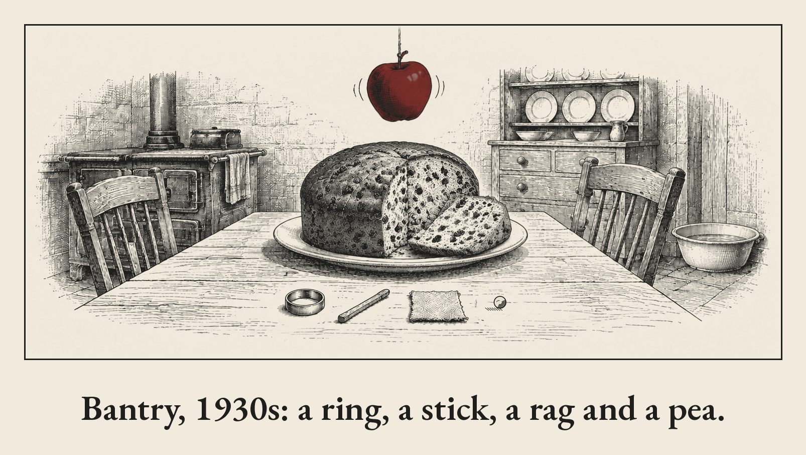 Pen-and-ink drawing of a barmbrack on a farmhouse kitchen table with a ring, a stick, a rag and a pea laid in front of it, and a red apple hanging on a string above