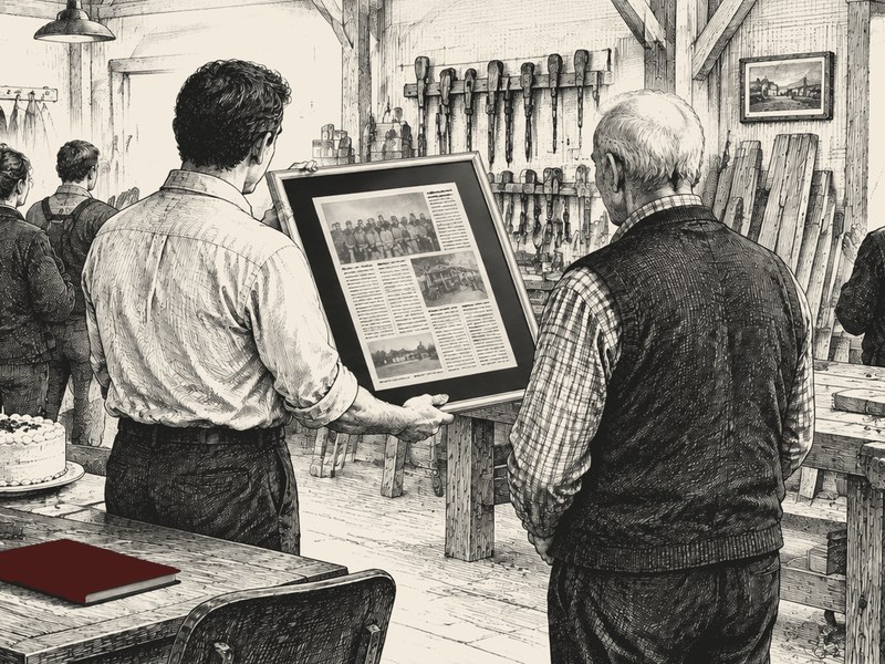 A retirement gift newspaper book, drawn in pen and ink