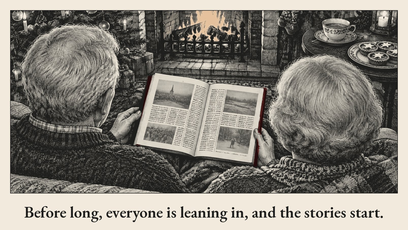 Pen-and-ink drawing looking over the shoulders of an older couple on a sofa as they hold open a bound newspaper book between them, its pages of columns and photographs facing them, with a warm fire glowing beyond and tea and mince pies on a side table.