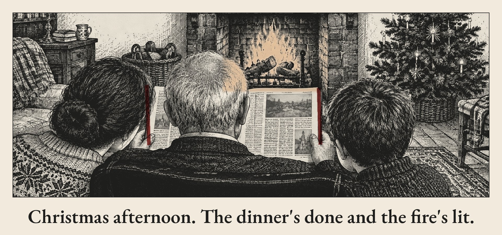 Pen-and-ink drawing of a living room on Christmas afternoon, seen from behind: an older man holds open a bound newspaper book of columns and photographs while two family members lean in at either side, a warm fire glowing in the grate and a decorated Christmas tree beyond.