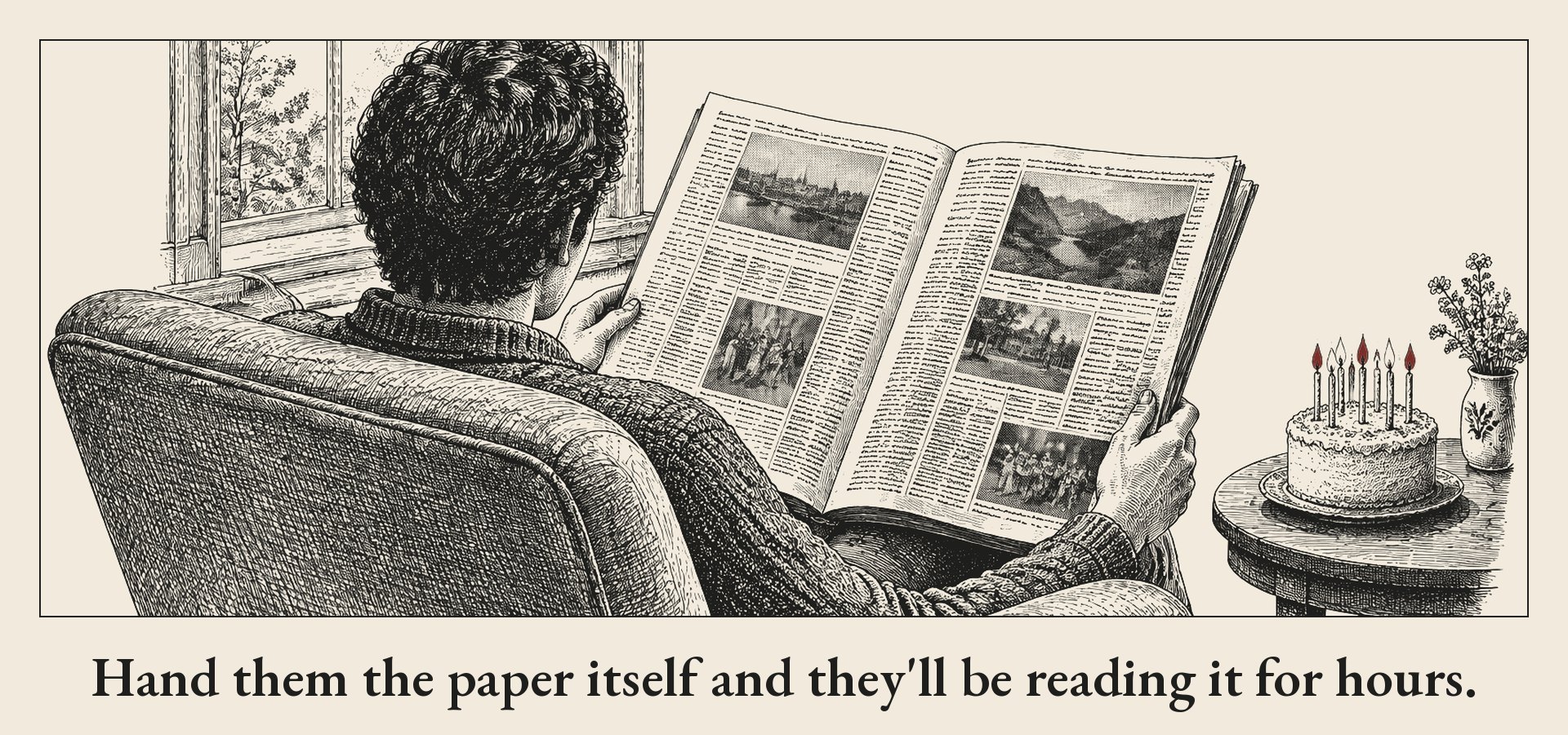 Pen-and-ink drawing of a person seen from behind in an armchair by a window, reading a large hand-bound newspaper book open on their lap, with a birthday cake and lit candles on a side table beside them.