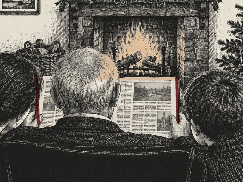 Parents reading a bound newspaper by the fire at Christmas