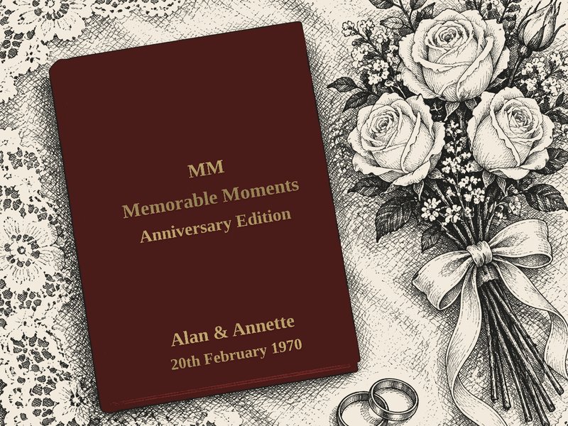 An Anniversary Edition newspaper book with two names in gold